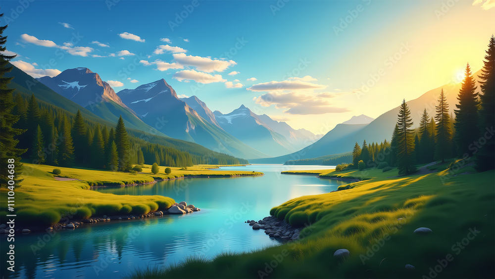 Obraz premium Laptop Wallpaper Dramatic Landscape with Mountains and Flowing Water