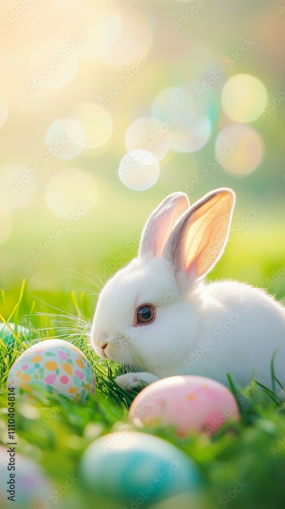 Fototapeta premium A white rabbit surrounded by colorful Easter eggs