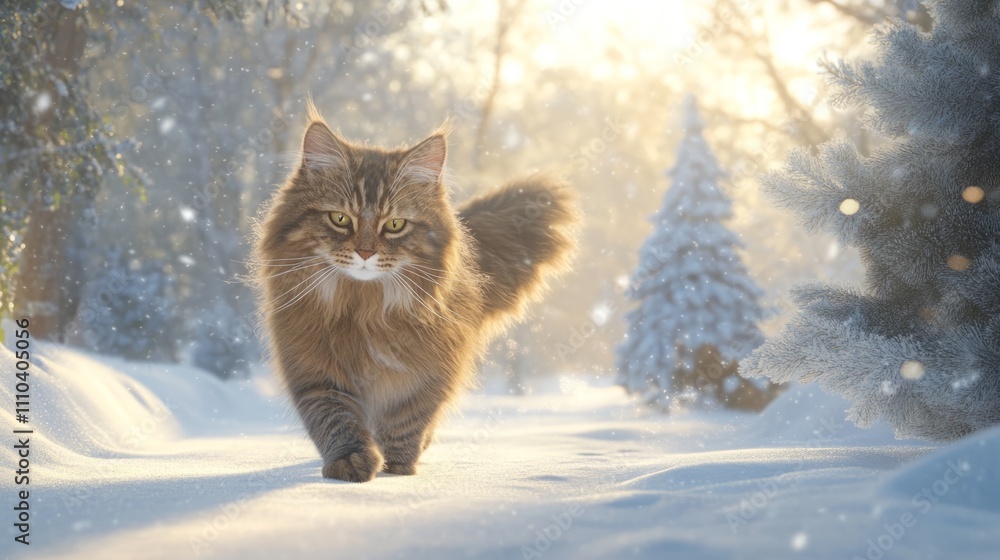 cute cat is walking through the snowy winter wonderland cute cat is walking through the snowy winter wonderland