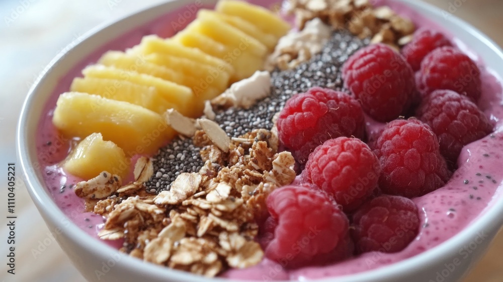 Colorful smoothie bowl topped with fresh fruit and granola on wooden table Colorful smoothie bowl topped with fresh fruit and granola on wooden table