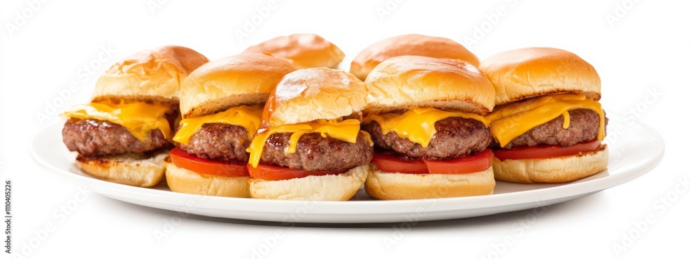 A plate of gourmet sliders with beef patties and cheese, isolated white background, cubism art style