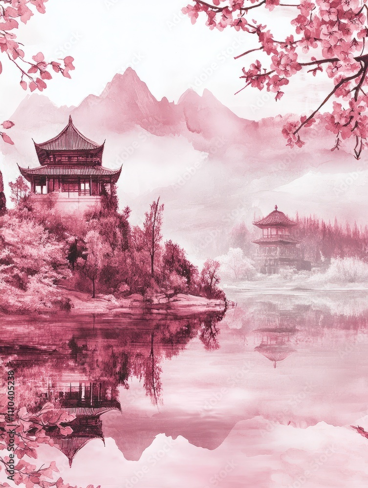 Lake and mountain landscape in Chinese style background. Japanese painting with hill, sakura trees, Chinese temple in watercolor texture. Oriental wallpaper in pink color design for wall art, print. Lake and mountain landscape in Chinese style background. Japanese painting with hill, sakura trees, Chinese temple in watercolor texture. Oriental wallpaper in pink color design for wall art, print.