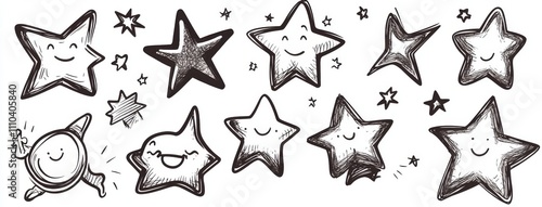 A star icon that twinkles with modern glitter and bright magical light. A set of star icons featuring twinkle, glitter, spark, and shine outlines. A hand-drawn, doodle-style sketch. A modern magic