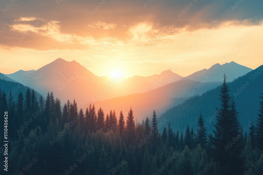 Obraz premium Golden sunset illuminating majestic mountain peaks and pine forest