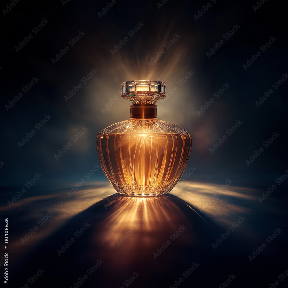 golden perfume bottle, illuminated by light, sits on a dark surface golden perfume bottle, illuminated by light, sits on a dark surface