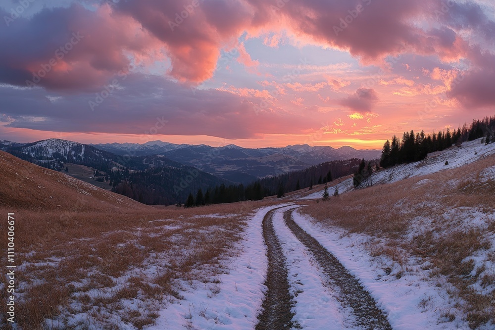 Snowy mountain road leading to colorful sunset over winter landscape Snowy mountain road leading to colorful sunset over winter landscape