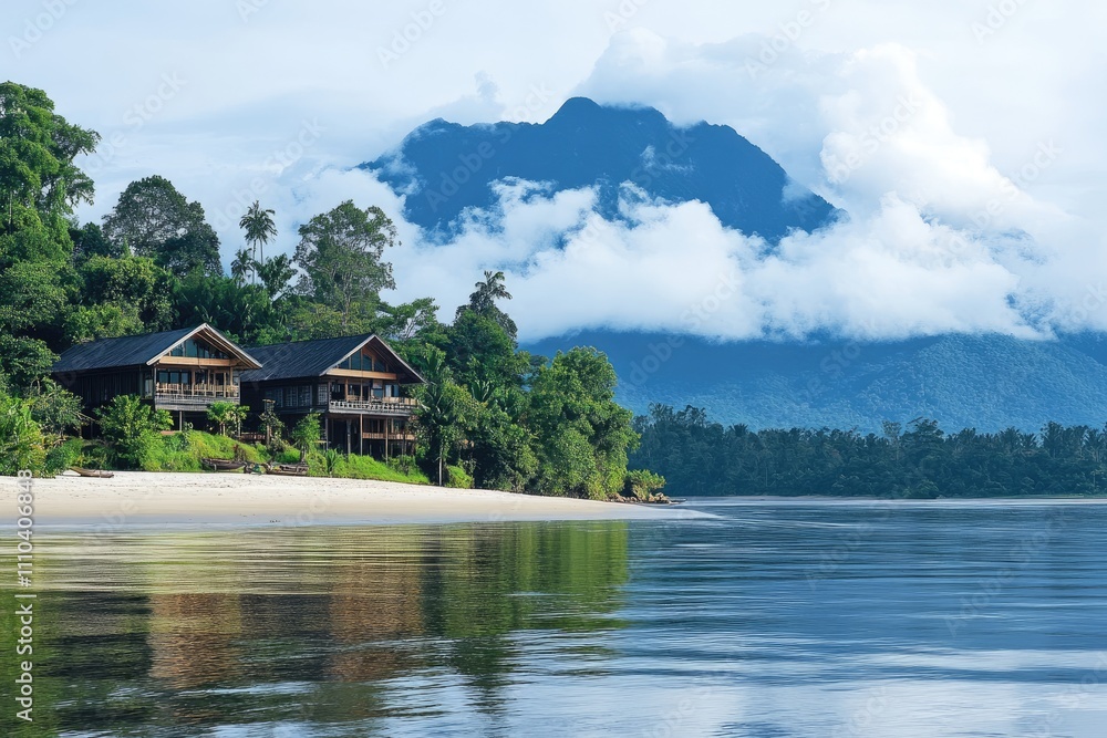Obraz premium Wooden hotel bungalows reflecting on calm water with mountain view in rainforest