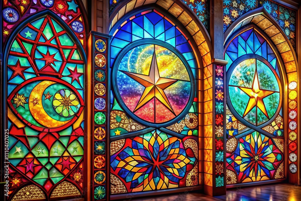 Stunning Stained Glass Window Featuring Three Crescent Moons and a Star, Perfect for Adding Mystical Touch to Any Space with Ample Copy Space for Text or Branding Stunning Stained Glass Window Featuring Three Crescent Moons and a Star, Perfect for Adding Mystical Touch to Any Space with Ample Copy Space for Text or Branding