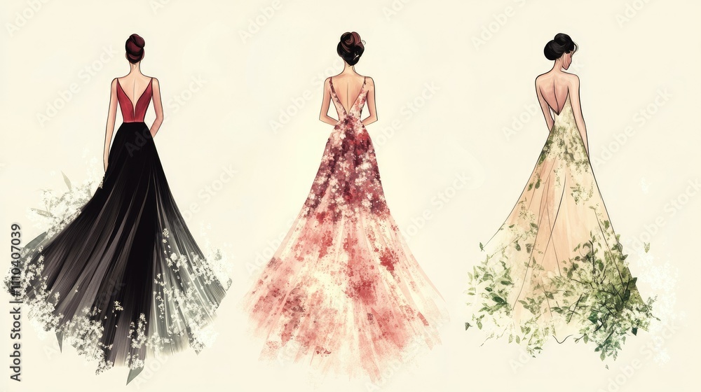 Obraz premium A collection of illustrated gowns showcasing timeless elegance with flowing lines and seasonal versatility
