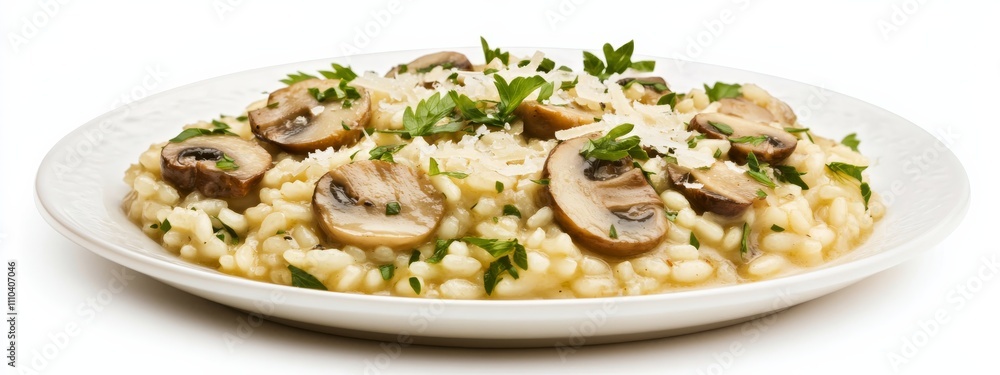 A plate of savory mushroom risotto with Parmesan cheese, isolated white background, abstract art style A plate of savory mushroom risotto with Parmesan cheese, isolated white background, abstract art style