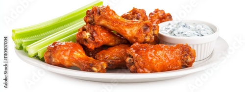 A plate of spicy buffalo wings with blue cheese dip and celery sticks, isolated white background, abstract art style