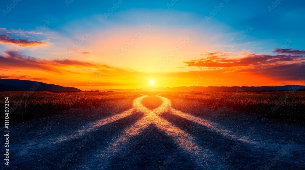 unlock hidden potencial concept. Multiple Paths Under Vibrant Horizon at Sunset with Colorful Skies and Warm Light unlock hidden potencial concept. Multiple Paths Under Vibrant Horizon at Sunset with Colorful Skies and Warm Light