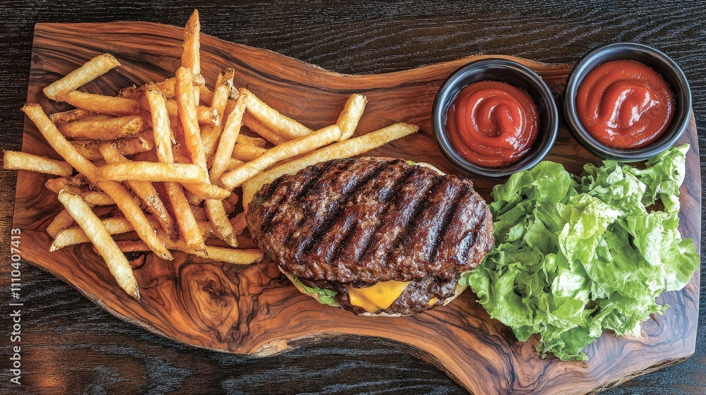 A flat lay of a gourmet burger with fries, ketchup, and fresh lettuce on a wooden board. A flat lay of a gourmet burger with fries, ketchup, and fresh lettuce on a wooden board.