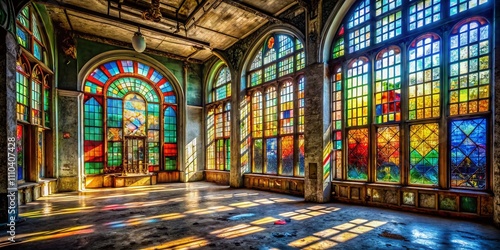 Stunning Urban Exploration of Art Deco Stained Glass in Abandoned Buildings: Capturing the Beauty of Architectural Heritage Through Colorful Glass Elements