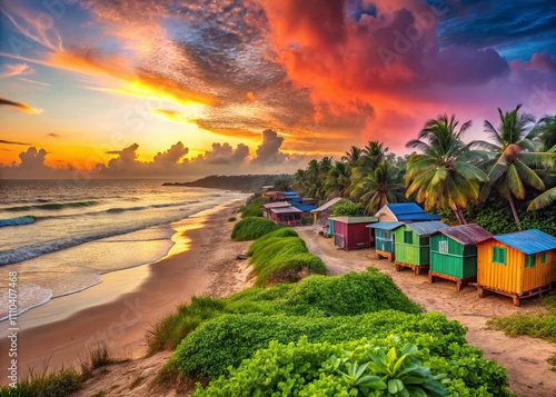 Stunning Urban Exploration Photography of Calangute Beach in North Goa, Capturing Vibrant Sunset Views, Colorful Beach Shacks, Lush Surroundings, and Serene Ocean Waves photo