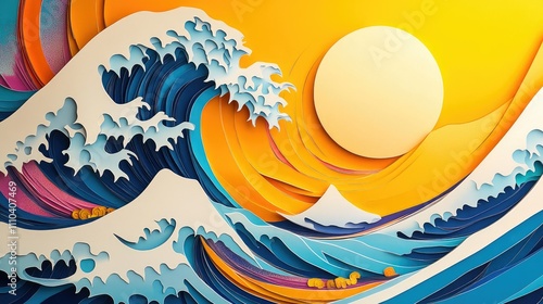 A colorful paper cut wave, swirling under a bold yellow sun, evoking The Great Wave iconic style