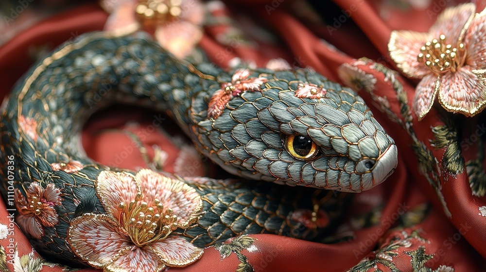 Intricately designed snake with floral patterns on fabric background Intricately designed snake with floral patterns on fabric background
