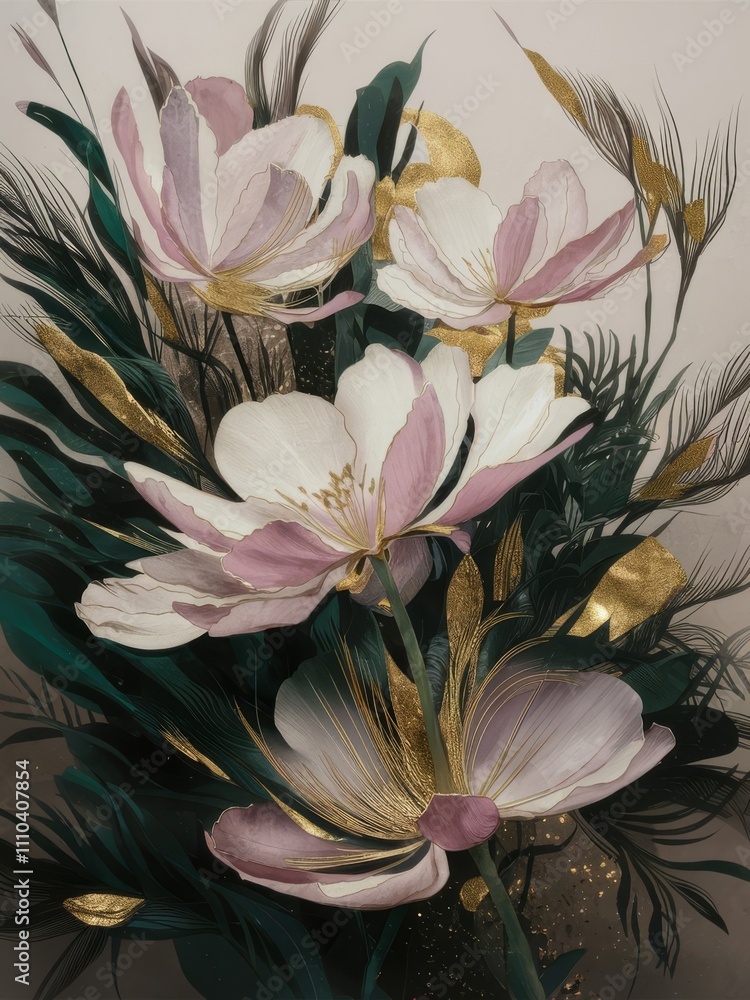 Fototapeta premium Minimalistic illustration with delicate flowers that are emphasized with gold foil accents.