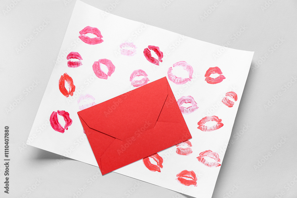 Paper sheet with lipstick kiss marks and red envelope on grey background. Valentine's Day celebration Paper sheet with lipstick kiss marks and red envelope on grey background. Valentine's Day celebration