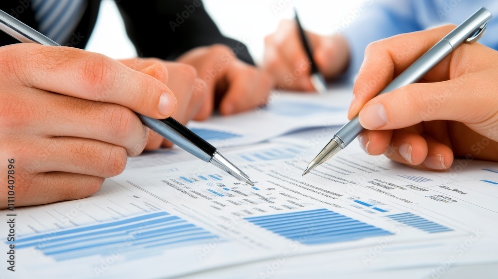 Close-up of hands holding pens over documents with graphs and data for analysis. Close-up of hands holding pens over documents with graphs and data for analysis.