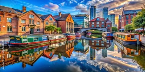 Stunning Wide Angle Capture of Canal Boats and Historic Architecture at Gas Street Basin in Birmingham, England, Showcasing the City's Rich Maritime Heritage and Scenic Beauty photo