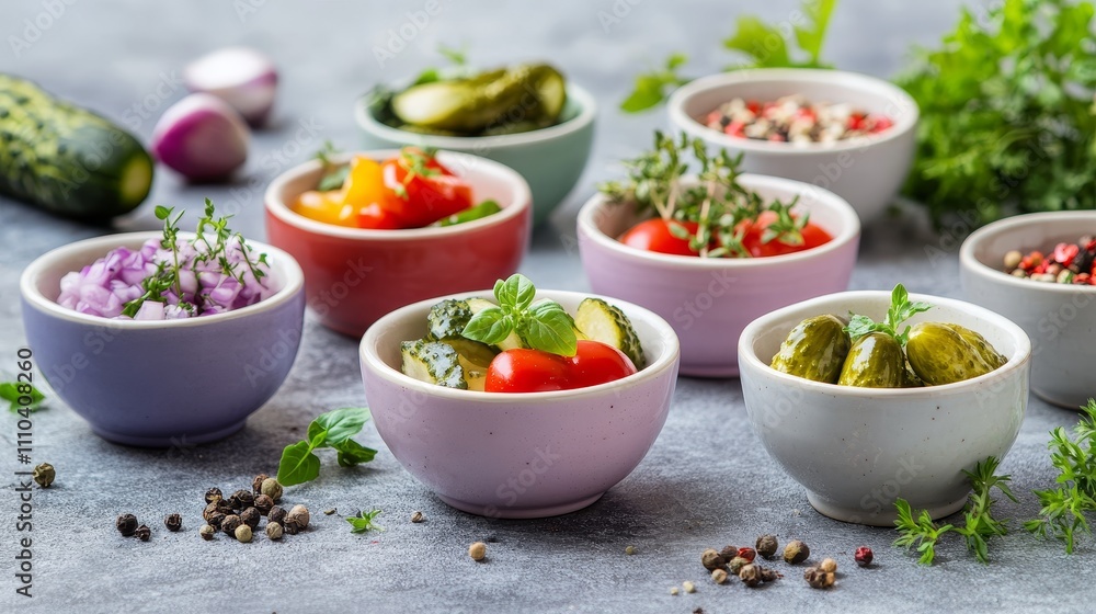 A colorful arrangement of fresh vegetable, vegan and herbs in small bowl, ideal for a healthy meal. A colorful arrangement of fresh vegetable, vegan and herbs in small bowl, ideal for a healthy meal.