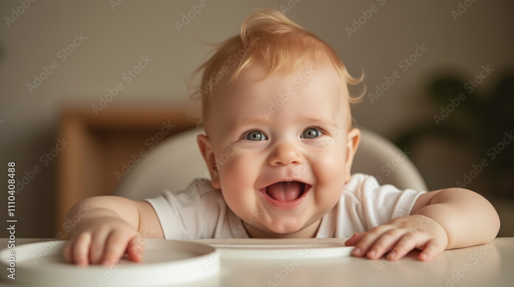 Smiling Happy Baby at Dining Table Smiling Happy Baby at Dining Table