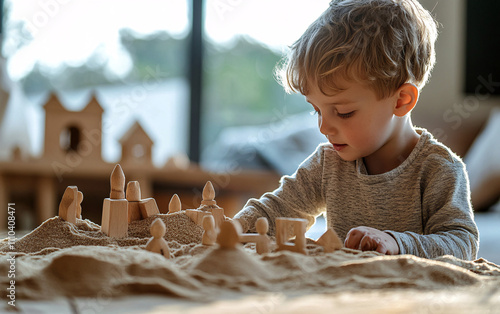 Children Playing with a Wooden Sensory Sandbox, Crafting Miniature Landscapes and Figures in a Warm and Interactive Learning Environment photo