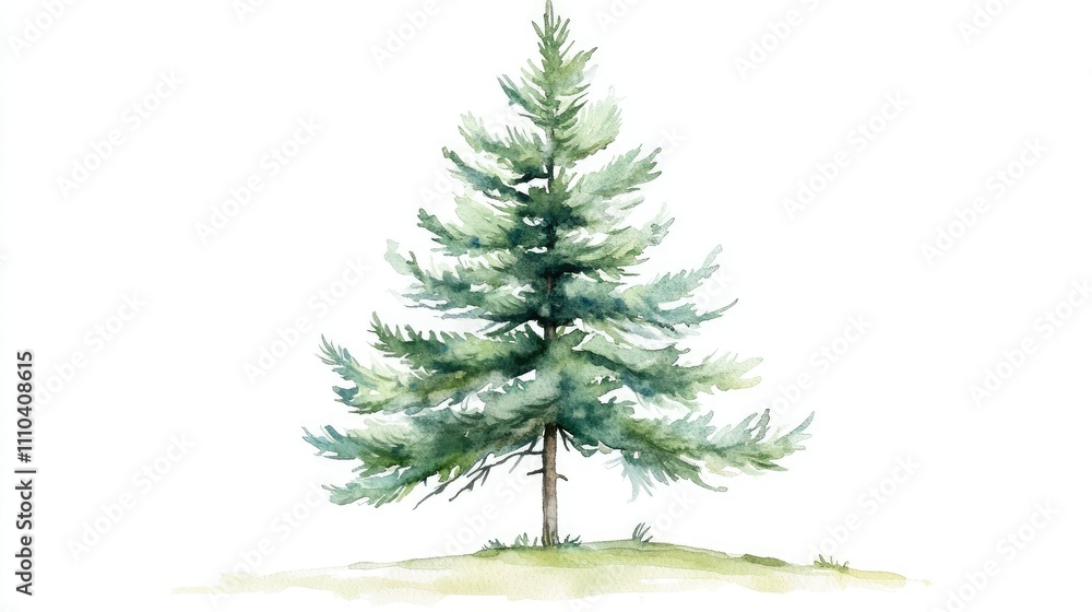 A delicate watercolor illustration of a single pine tree with soft green hues, isolated on a clean white background A delicate watercolor illustration of a single pine tree with soft green hues, isolated on a clean white background