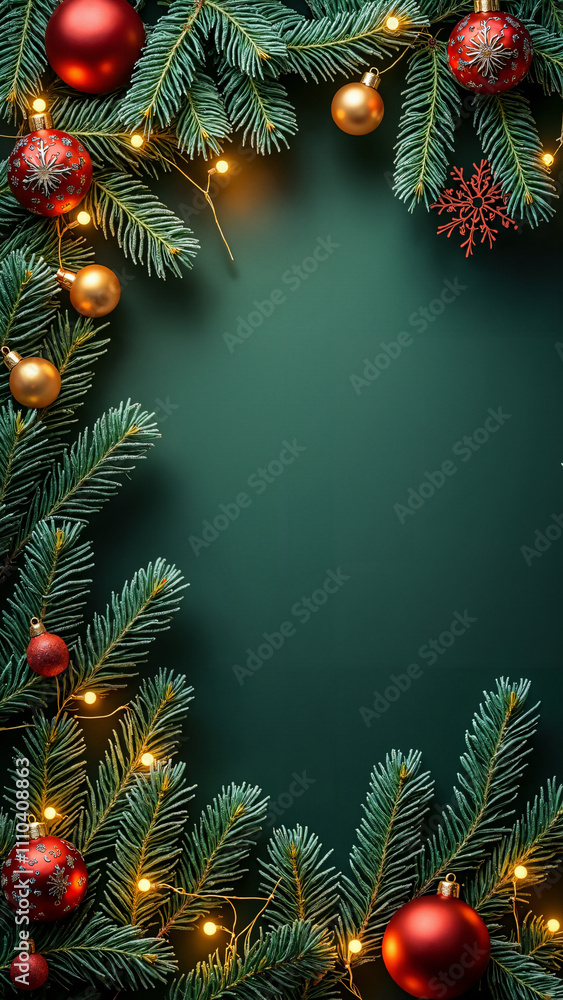 Enchanting Christmas Background: Pine Branches, Frost, and Ornaments for Festive Marketing and Holiday Designs Enchanting Christmas Background: Pine Branches, Frost, and Ornaments for Festive Marketing and Holiday Designs