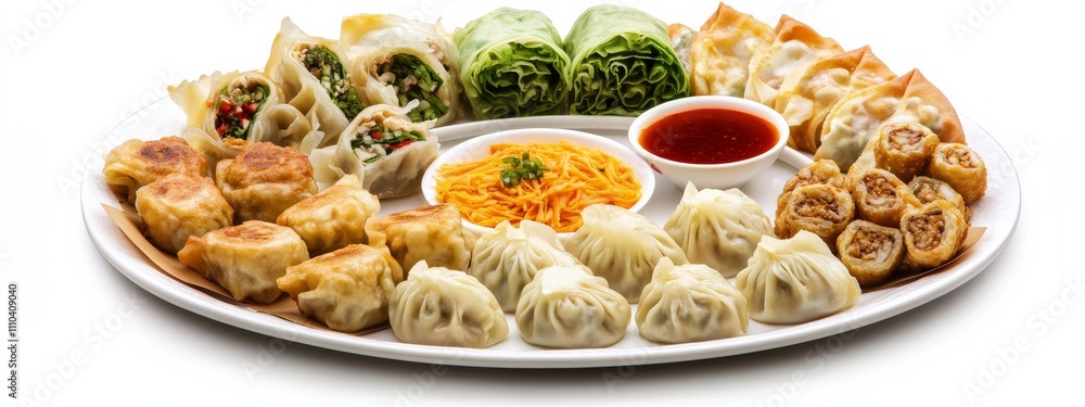 A platter of assorted dim sum including dumplings and spring rolls, isolated white background, realism art style A platter of assorted dim sum including dumplings and spring rolls, isolated white background, realism art style