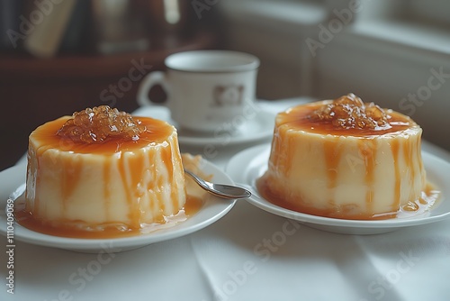 Cream caramel pudding with caramel sauce in plate on white rustic table photo