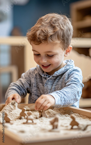 Children Playing with a Wooden Sensory Sandbox, Crafting Miniature Landscapes and Figures in a Warm and Interactive Learning Environment photo