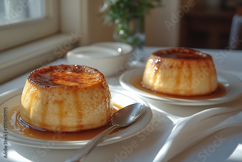 Cream caramel pudding with caramel sauce in plate on white rustic table photo