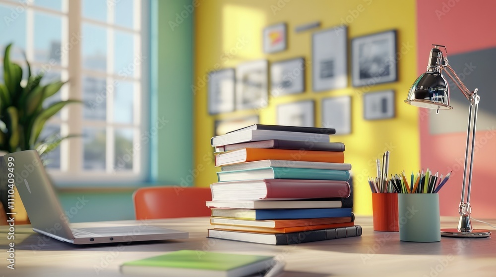 A dynamic office scene with colorful books stacked on a clean desk, emphasizing creativity and modernity