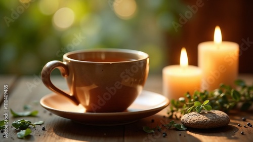 Wallpaper Mural Cup beside flickering candles and fresh herbs on a rustic wooden table in a cozy setting Torontodigital.ca