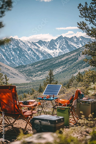 Scenic Camping Setup with Chairs and Tents Overlooking Majestic Mountain Peaks Under a Clear Blue Sky, Highlighting Outdoor Adventure and Relaxation photo