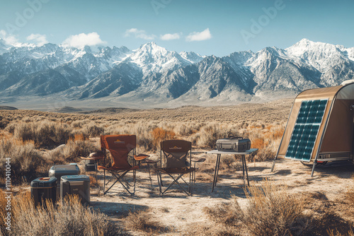 Scenic Camping Setup with Chairs and Tents Overlooking Majestic Mountain Peaks Under a Clear Blue Sky, Highlighting Outdoor Adventure and Relaxation photo