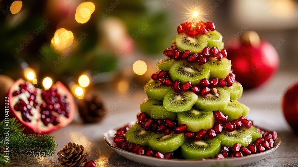 A fresh fruit Christmas tree made with kiwis and pomegranates, glowing lights softly highlighting its holiday charm A fresh fruit Christmas tree made with kiwis and pomegranates, glowing lights softly highlighting its holiday charm