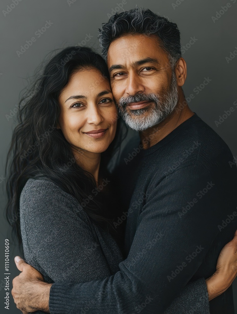 Portrait of happy mid adult couple embracing and looking at camera standing against gray background. Mature indian man in love standing on grey wall while hugging his hispanic woman with copy space. Portrait of happy mid adult couple embracing and looking at camera standing against gray background. Mature indian man in love standing on grey wall while hugging his hispanic woman with copy space.