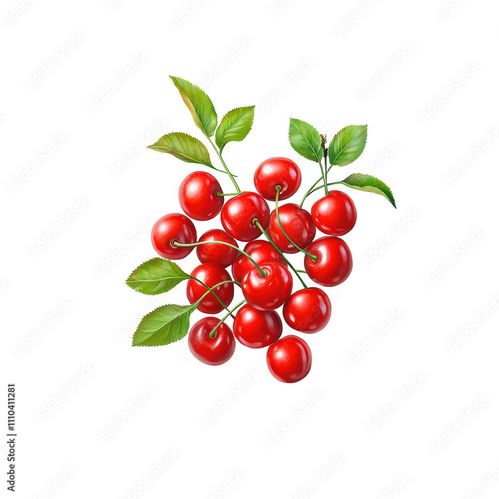 Fresh red cherries with green leaves, perfect for summer desserts and healthy snacks. isolated on transparent background Fresh red cherries with green leaves, perfect for summer desserts and healthy snacks. isolated on transparent background