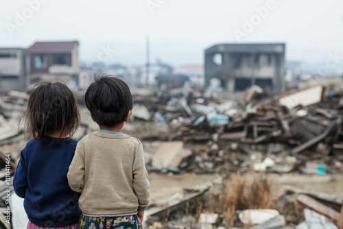 Children observing destruction in post disaster urban landscape photo