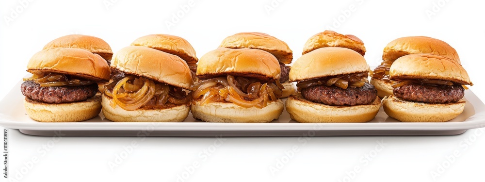 A platter of assorted sliders with Angus beef patties and caramelized onions, isolated white background, impressionism art style A platter of assorted sliders with Angus beef patties and caramelized onions, isolated white background, impressionism art style