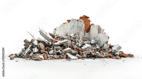 A heap of destroyed building remains, including crumbled walls and debris, isolated on a white surface