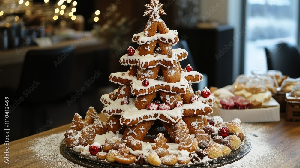 A holiday-themed gingerbread tree creation with icing sugar and spices, evoking cozy Christmas charm A holiday-themed gingerbread tree creation with icing sugar and spices, evoking cozy Christmas charm