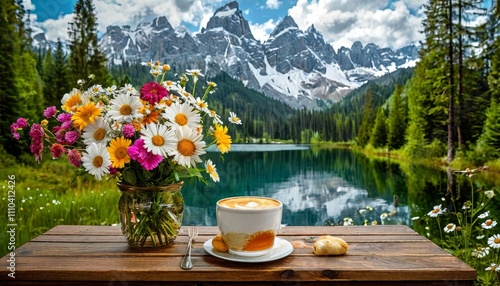 Happy Caucasian woman makes a bouquet of wild flowers collected in field. Female hands putting flowers in vase on wooden table, sunny day on open terrace with curtains, summer time. Country lifestyle photo