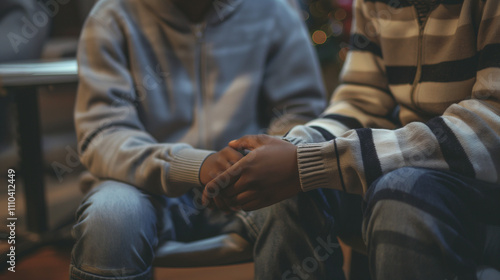 Two people holding hands in a supportive, comforting setting.