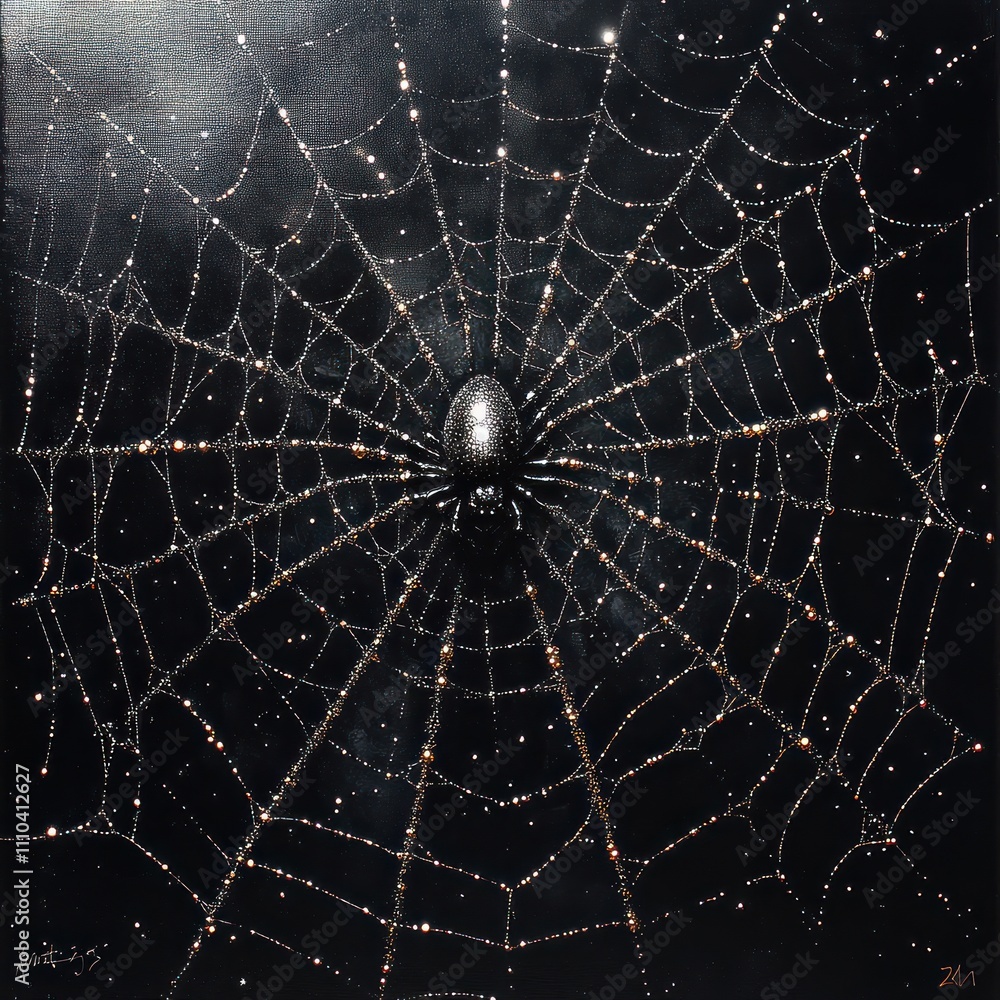 A detailed depiction of a spider in its intricate web against a dark background. A detailed depiction of a spider in its intricate web against a dark background.