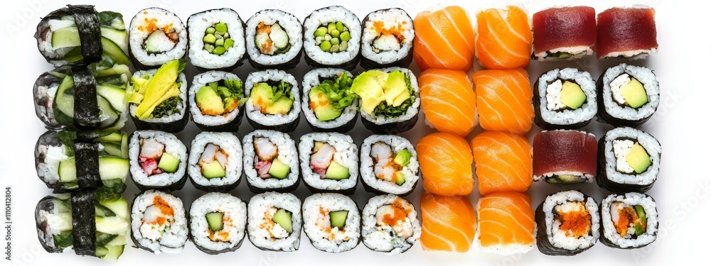 A platter of assorted sushi rolls with eel, avocado, and cucumber A platter of assorted sushi rolls with eel, avocado, and cucumber