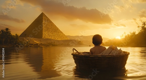 A beautiful child floats in a straw basket on a river. Sunset light with the pyramids in the background. 